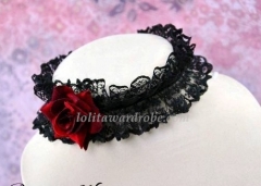 Vampire Party Night Wine Rose Black Lace Lolita Neck Belt