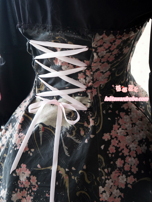 Strawberry Witch Sakura and Crane Printed Qi Lolita OP Dress
