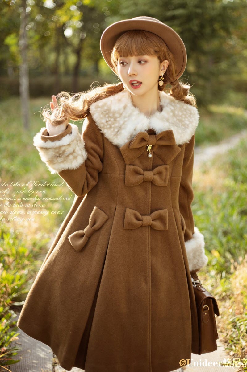 Coffee Brown Lolita Coat Pom Poms Color Block Overcoat Polyester Fall –